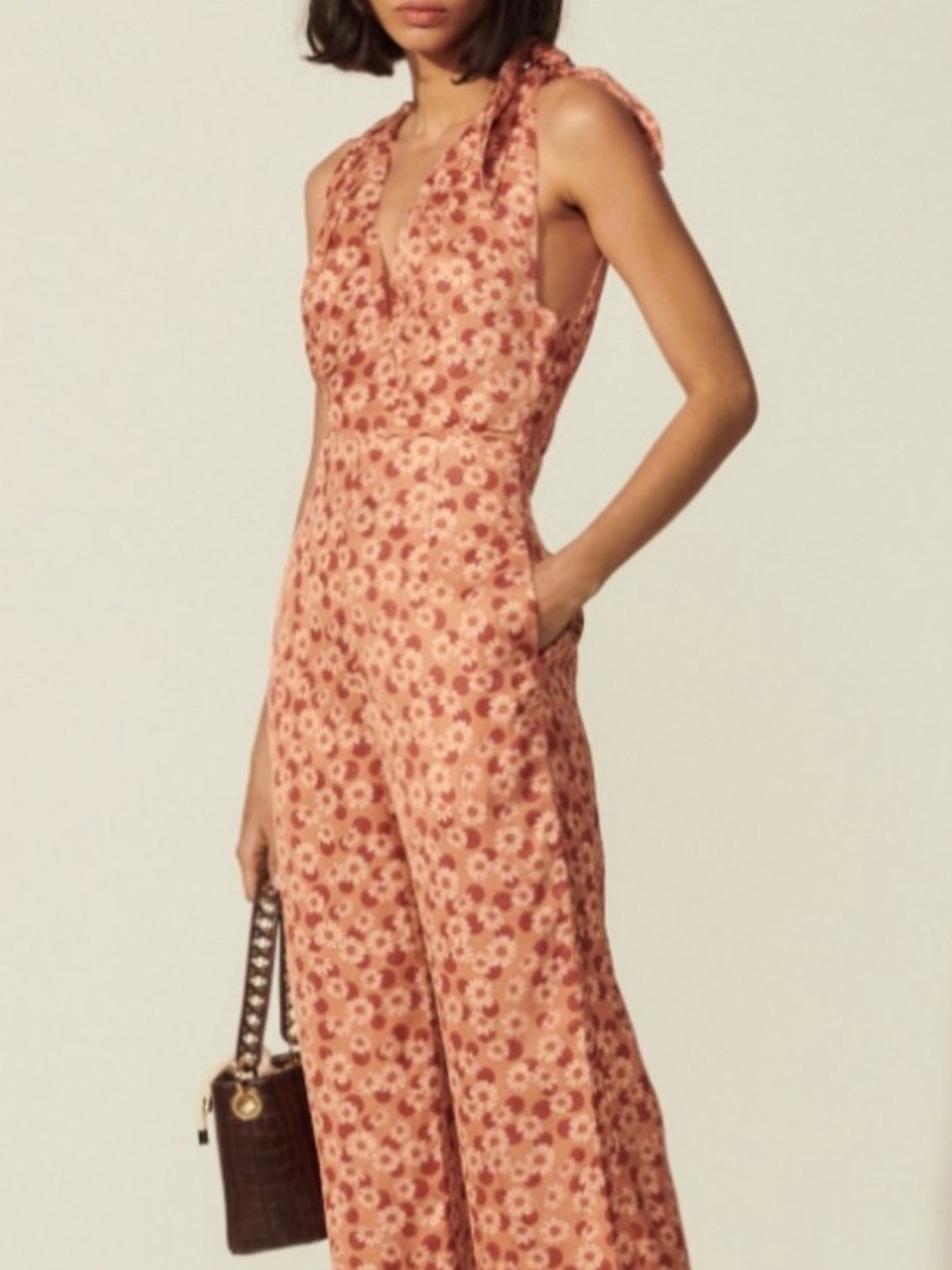 Sleeveless V-Neck+V-Back, Rust Floral Jumpsuit- wide leg